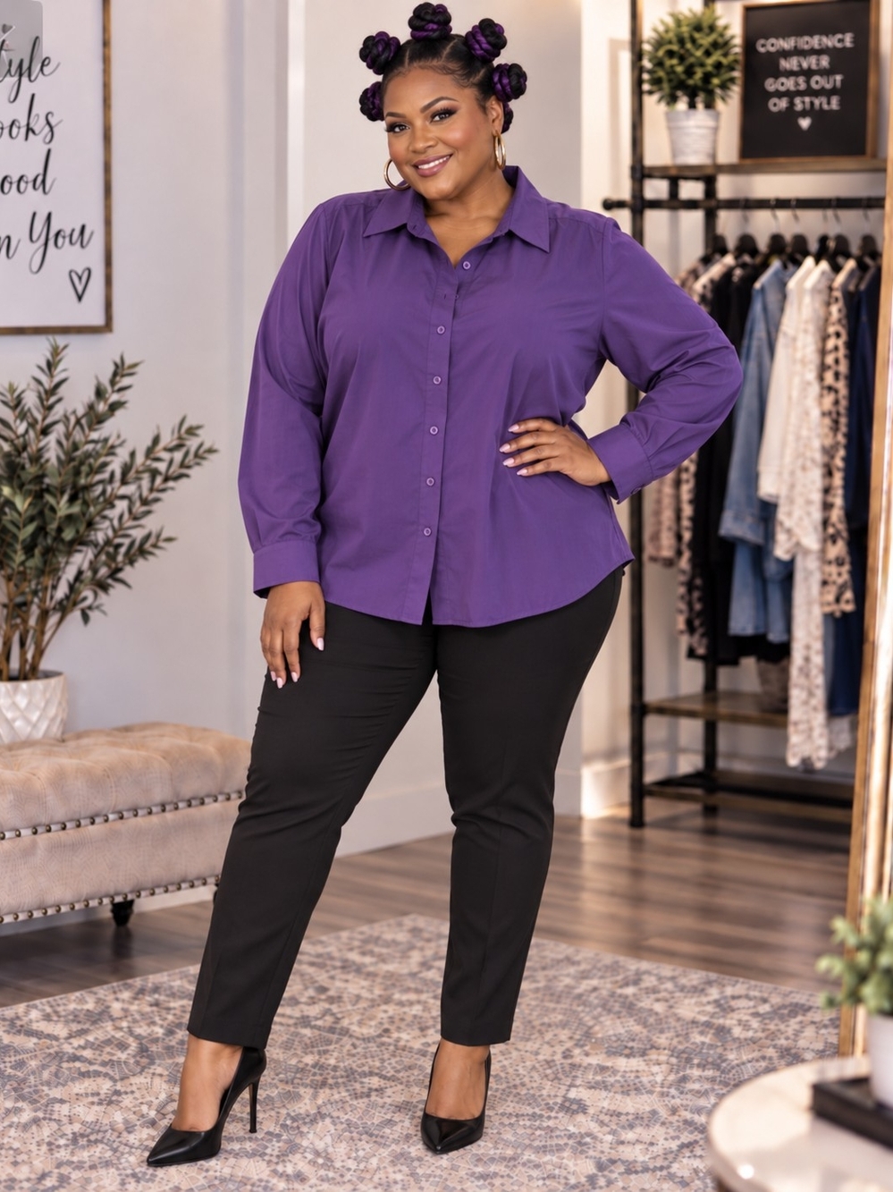 Ashley Stewart Purple Long Sleeve Button Down Shirt